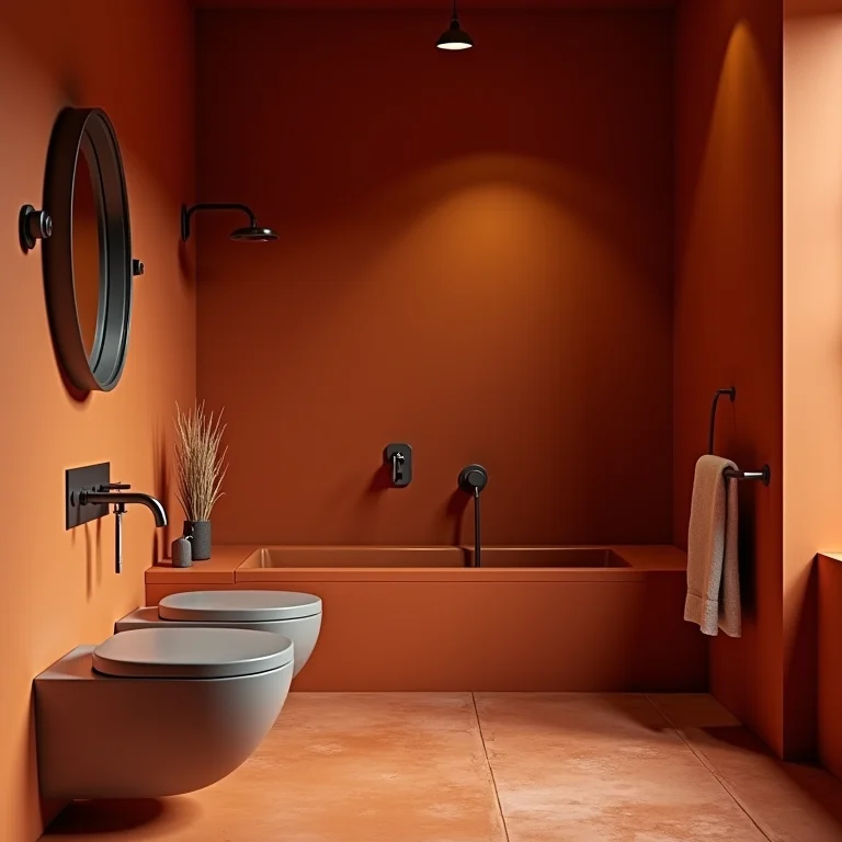 Banheiro com metais e acessórios que não combinam com terracota