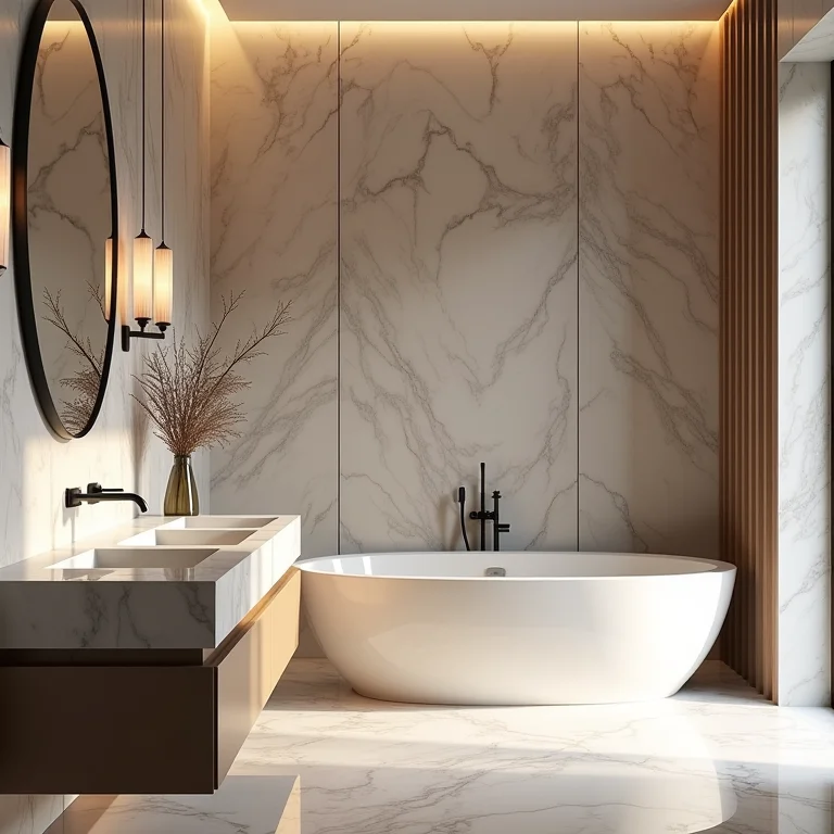 Banheiro com pedras naturais e mármore.