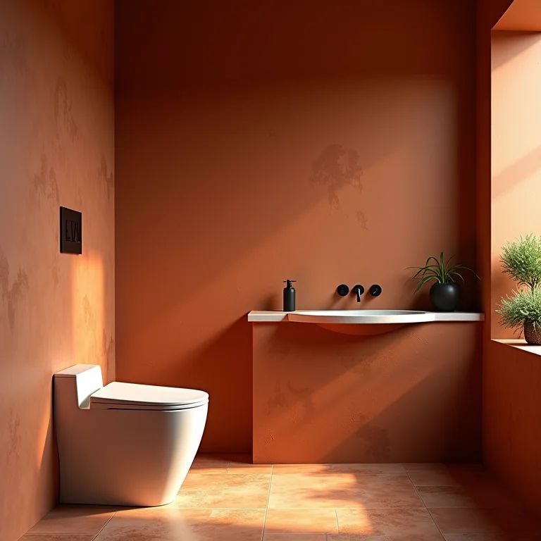 Banheiro com pouca ventilação e paredes em terracota