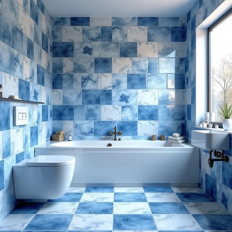 Banheiro com revestimentos mal escolhidos em azul e branco