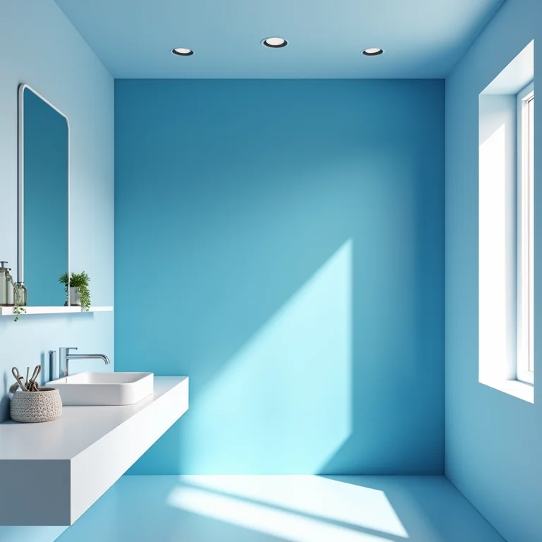 Banheiro com tom de azul inadequado, causando desconforto visual