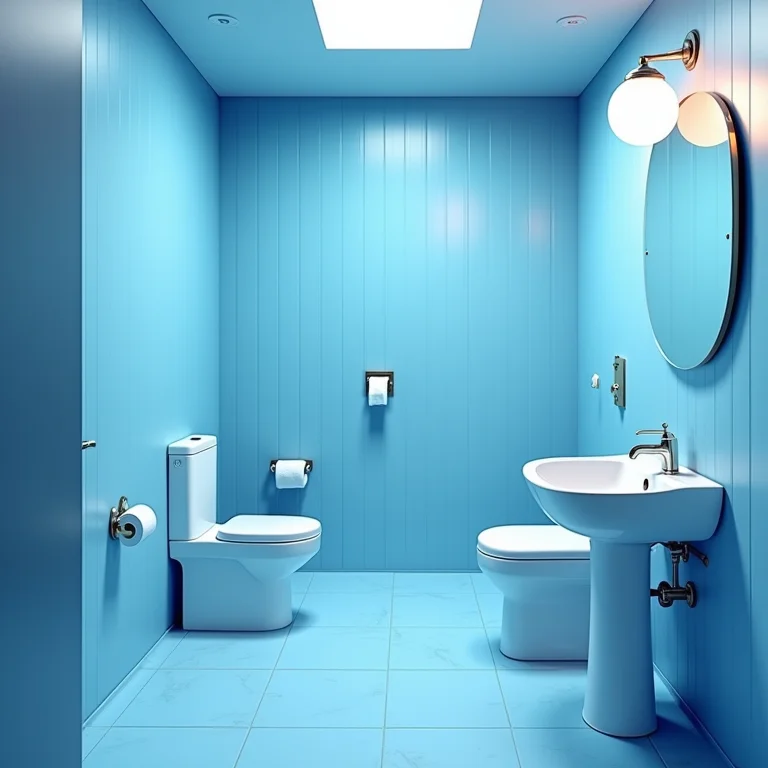 Banheiro com tons de azul incompatíveis, visual desagradável