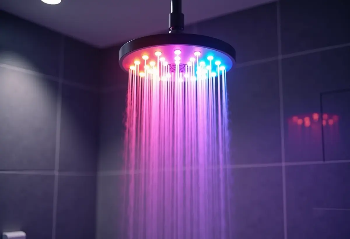 Banheiro de luxo com chuveiro de LED criando ambiente relaxante de cromoterapia
