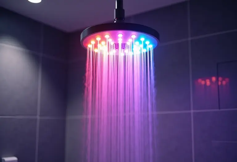 Banheiro de luxo com chuveiro de LED criando ambiente relaxante de cromoterapia