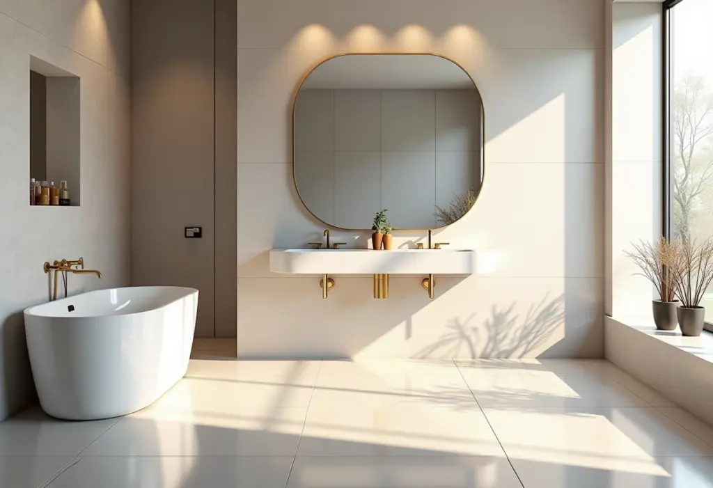 Banheiro de luxo com porcelanato polido e acetinado