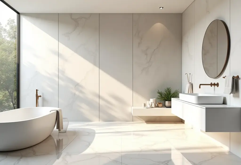Banheiro de luxo com porcelanato polido e acetinado