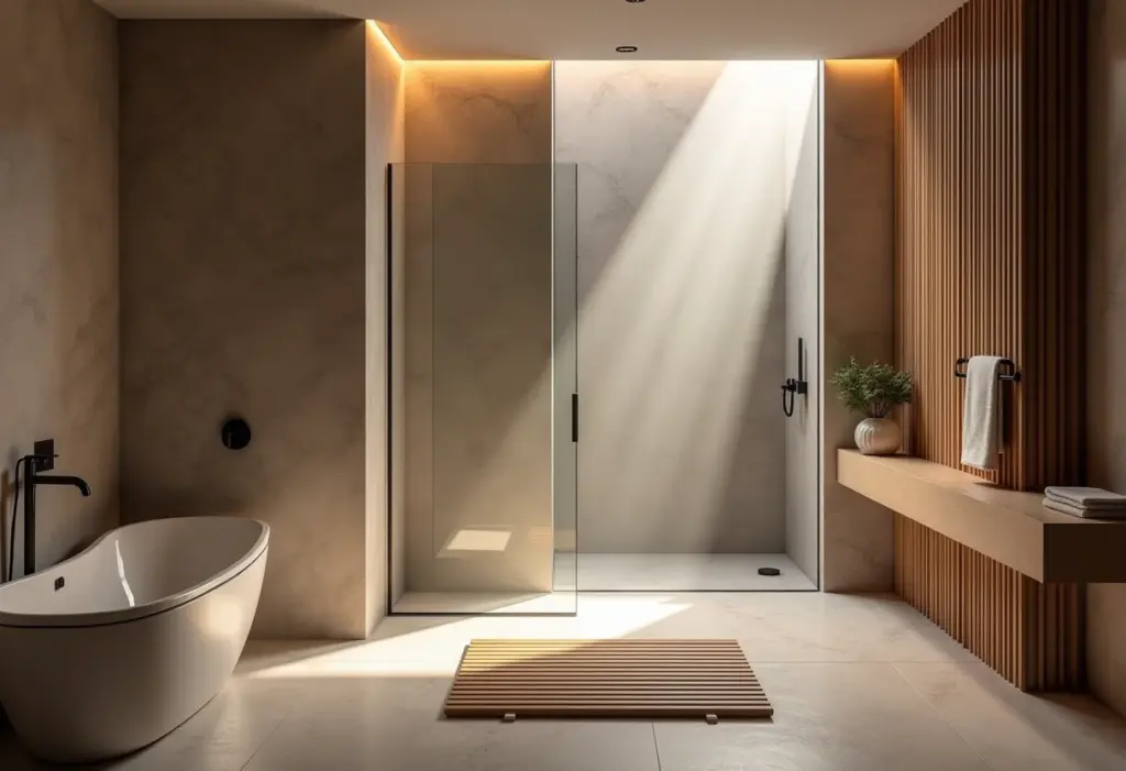 Banheiro de luxo com tapete de madeira no box