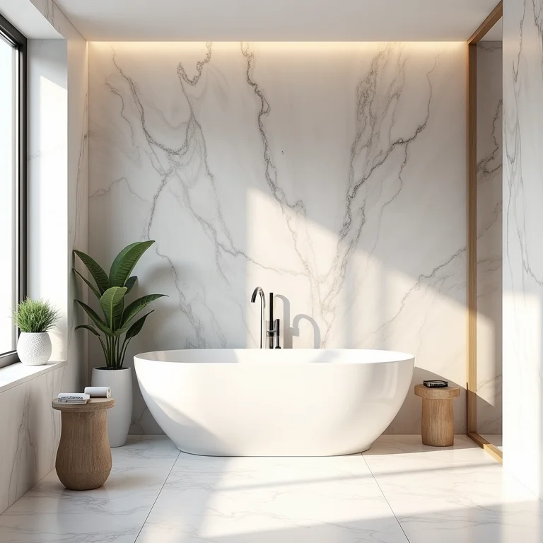 Banheiro elegante com papel de parede 3D imitando mármore.