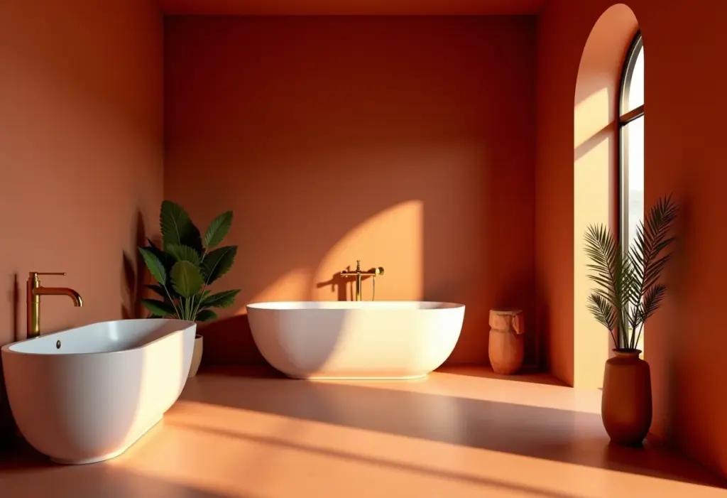 Banheiro cor terracota: fuja desses erros na reforma! Banheiro elegante com paredes em tom terracota e banheira de design