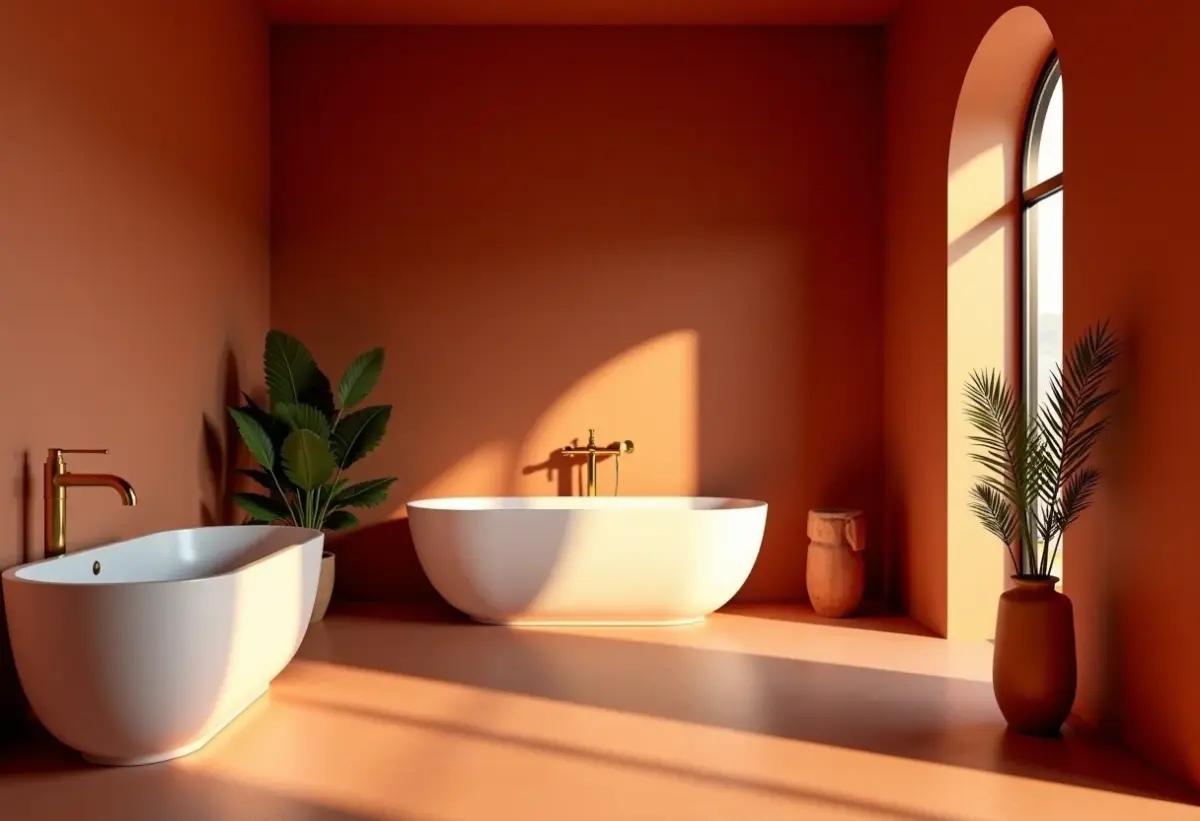 Banheiro elegante com paredes em tom terracota e banheira de design