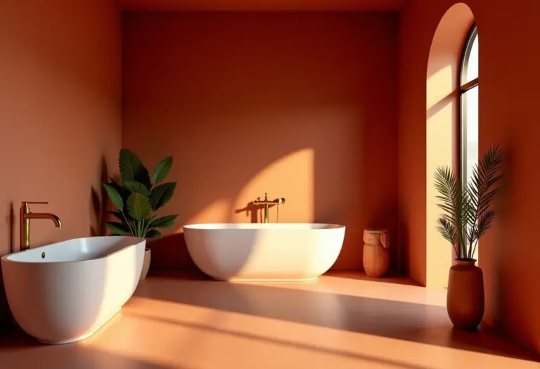 Banheiro elegante com paredes em tom terracota e banheira de design