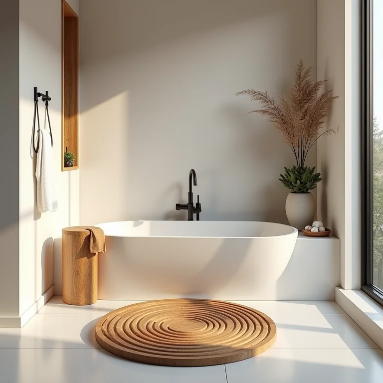 Banheiro elegante com tapete de madeira no box, estética e design