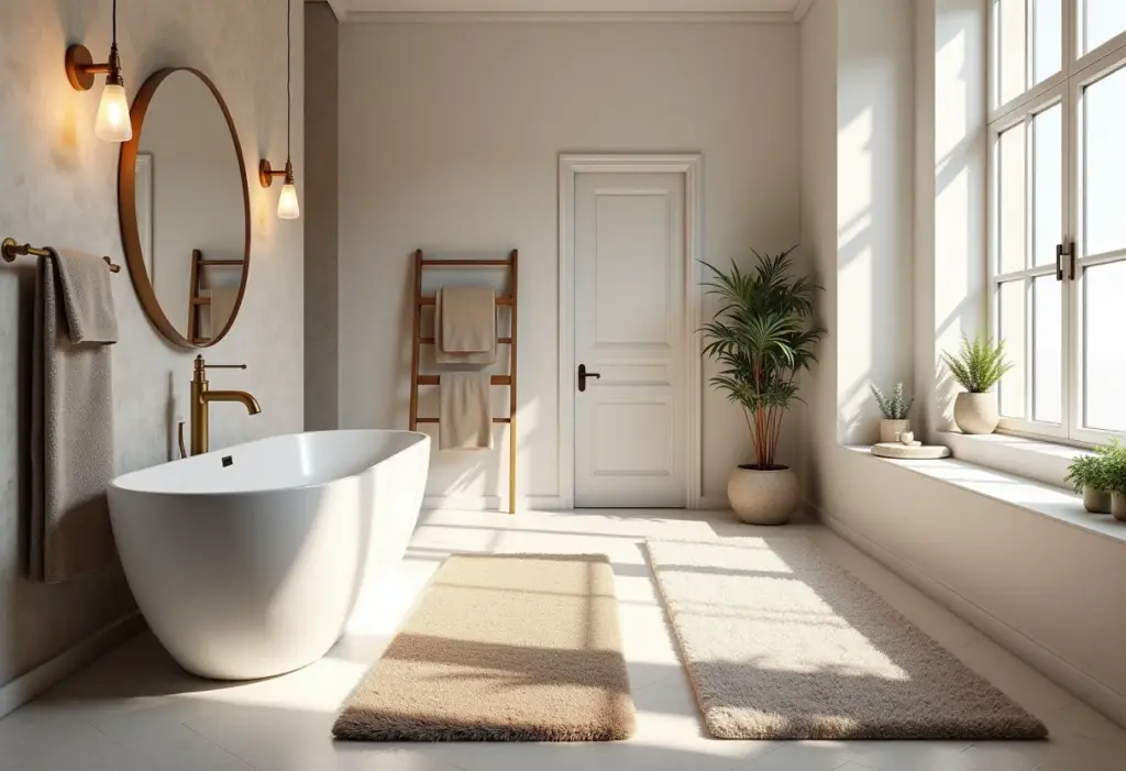 Banheiro elegante com tapetes de diferentes texturas e materiais.