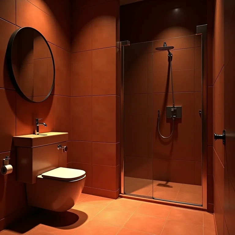 Banheiro escuro com revestimento terracota