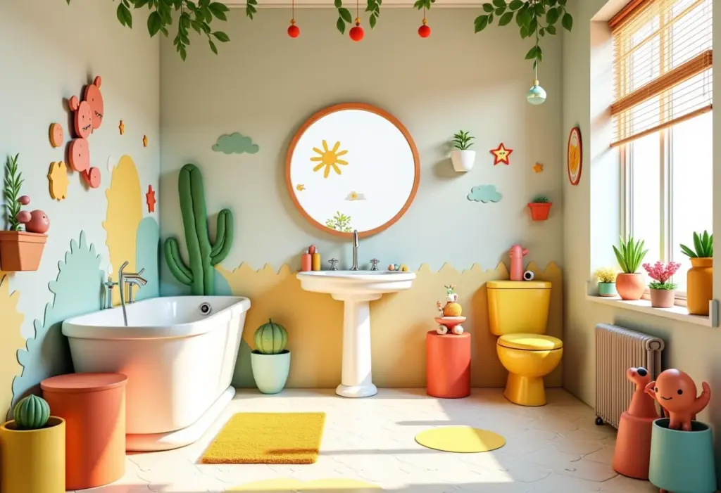Banheiro infantil com decoração lúdica e colorida