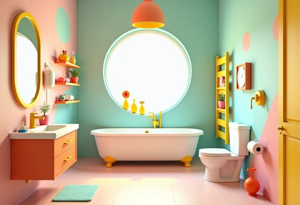 Banheiro infantil decorado com tema lúdico e cores vibrantes
