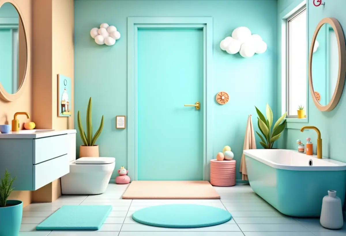 Banheiro infantil temático com decoração lúdica e cores vibrantes