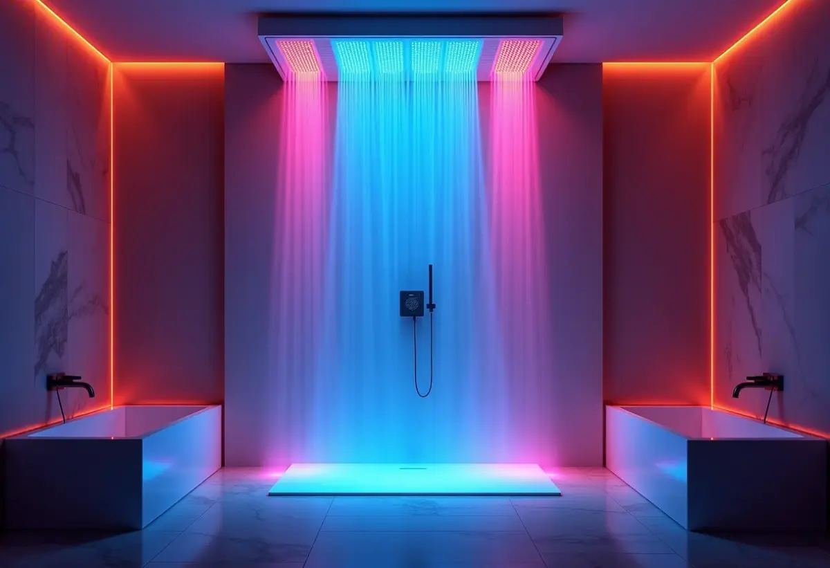 Banheiro luxuoso com chuveiro de LED multicolorido criando uma atmosfera de spa.