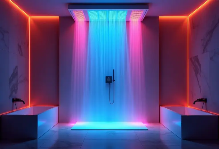 Banheiro luxuoso com chuveiro de LED multicolorido criando uma atmosfera de spa.