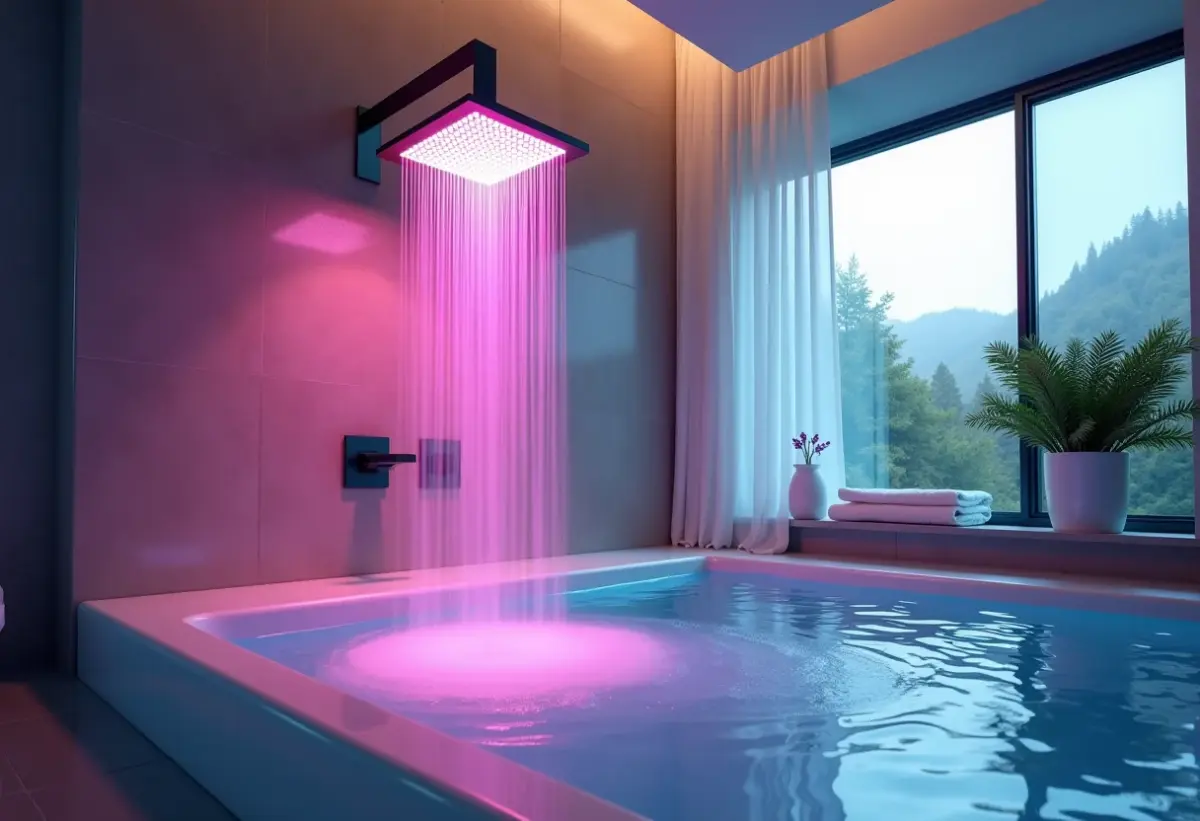 Banheiro luxuoso com chuveiro LED criando ambiente relaxante de spa