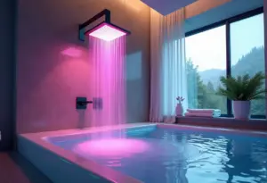 Banheiro luxuoso com chuveiro LED criando ambiente relaxante de spa