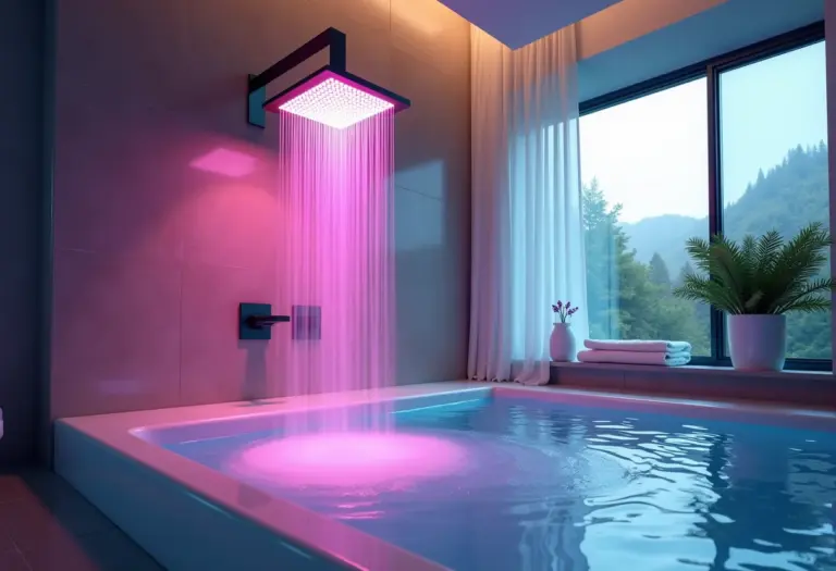 Banheiro luxuoso com chuveiro LED criando ambiente relaxante de spa