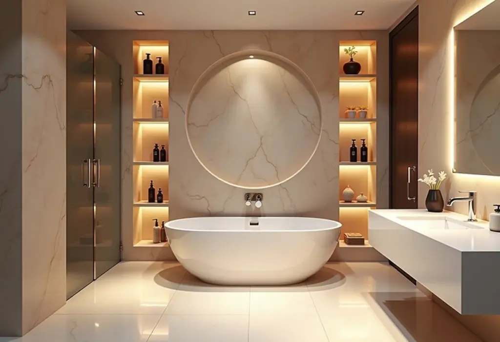 Nichos no Banheiro: 7 Ideias Geniais para Otimizar o Espaço Banheiro luxuoso com nichos iluminados