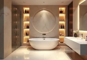 Banheiro luxuoso com nichos iluminados