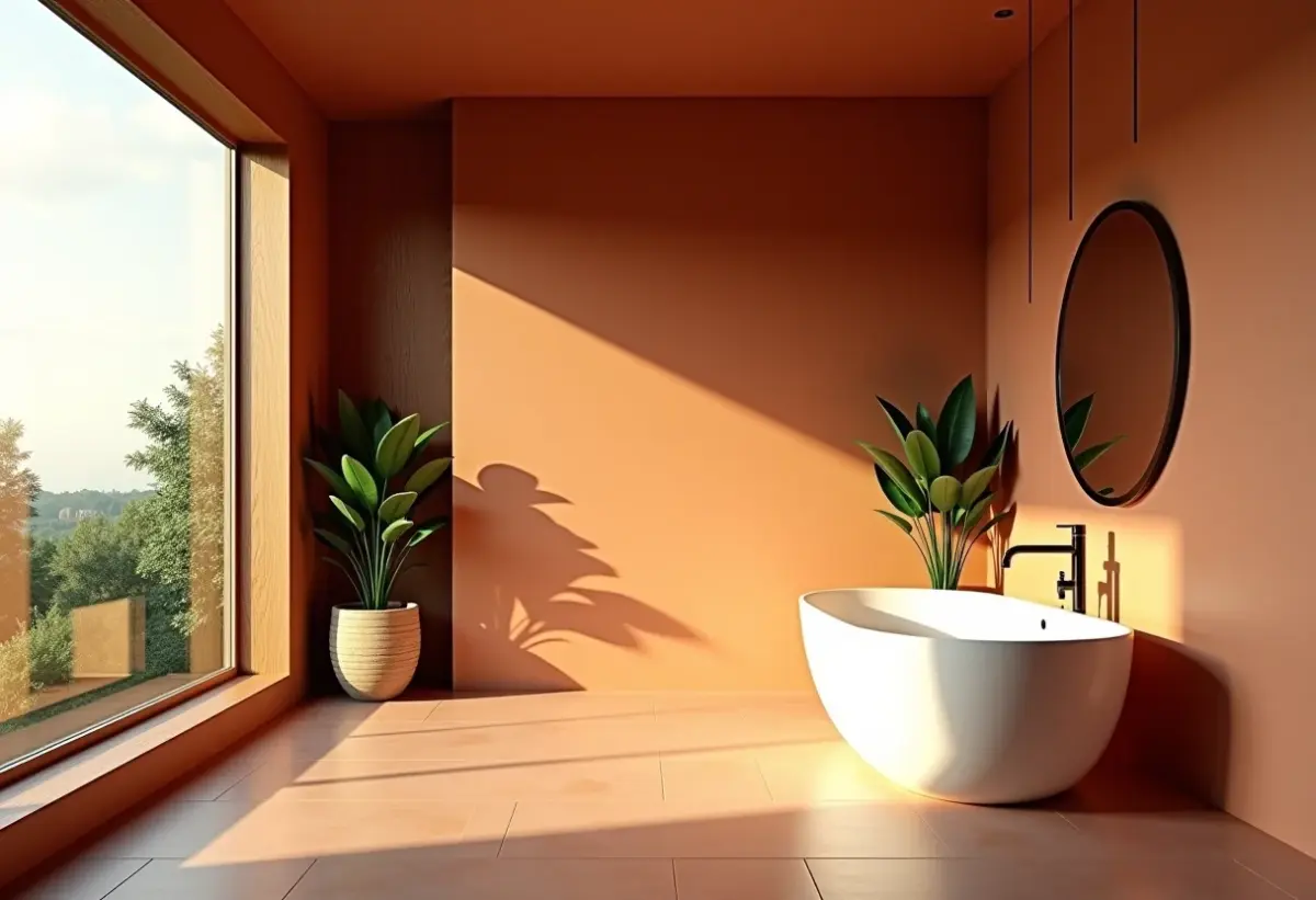 Banheiro luxuoso com paredes em tom terracota, banheira e luz natural.