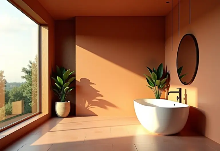 Banheiro luxuoso com paredes em tom terracota, banheira e luz natural.