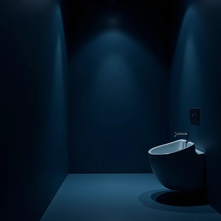 Banheiro mal iluminado com tons de azul escuro