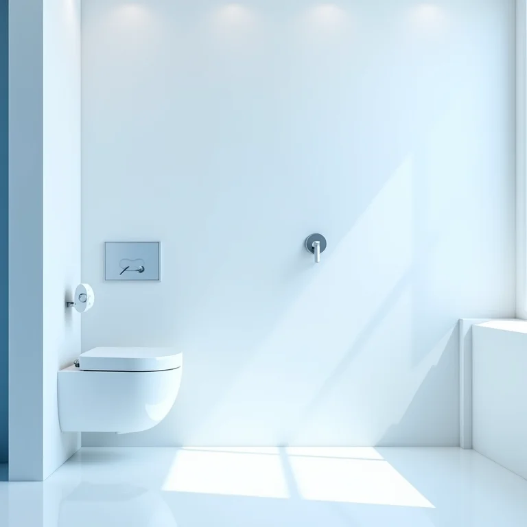 Banheiro minimalista branco com toques de azul, ambiente frio