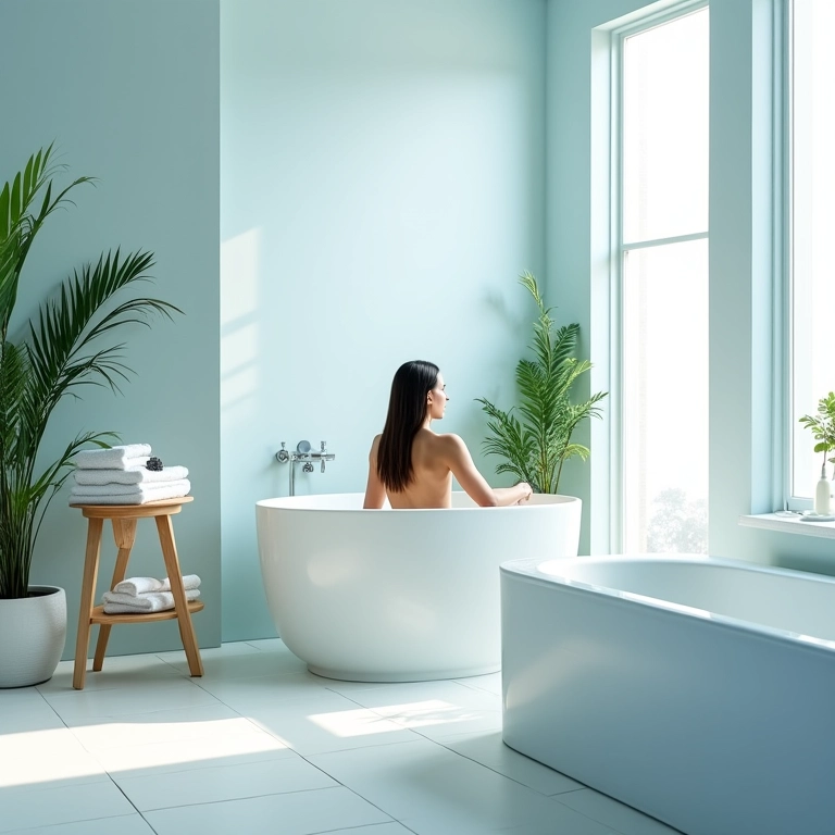 Banheiro minimalista em tons de branco e azul com mulher relaxando em um banho.