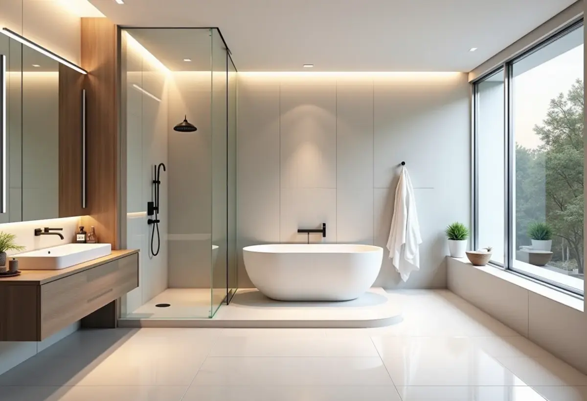 Banheiro moderno com box de vidro minimalista e iluminação ambiente.