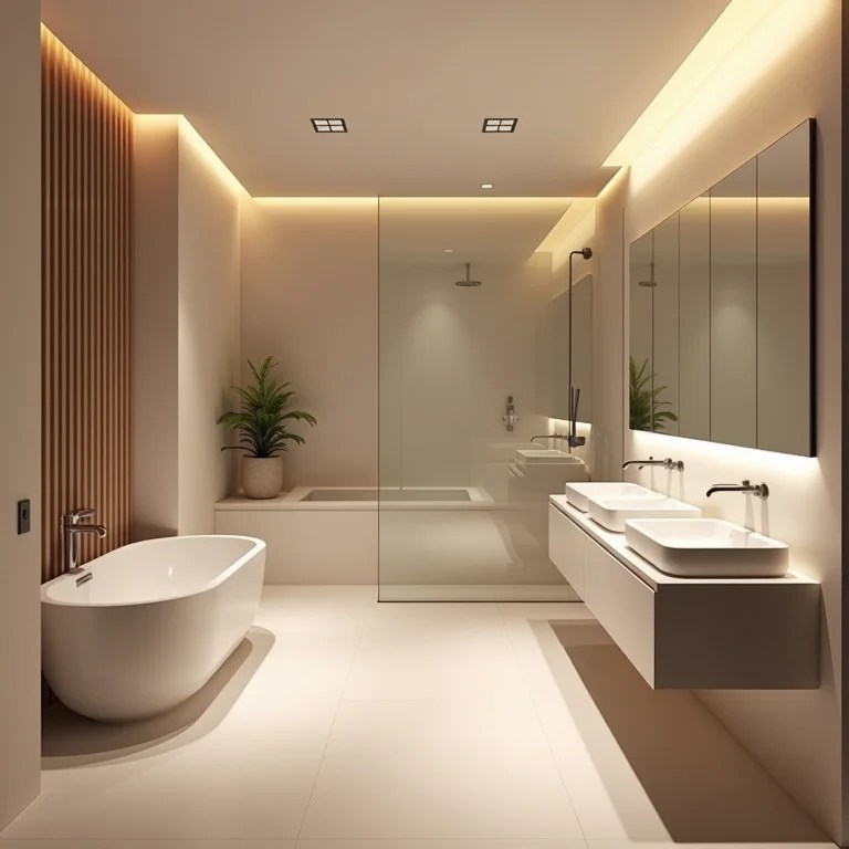 Banheiro moderno com design minimalista e iluminação suave
