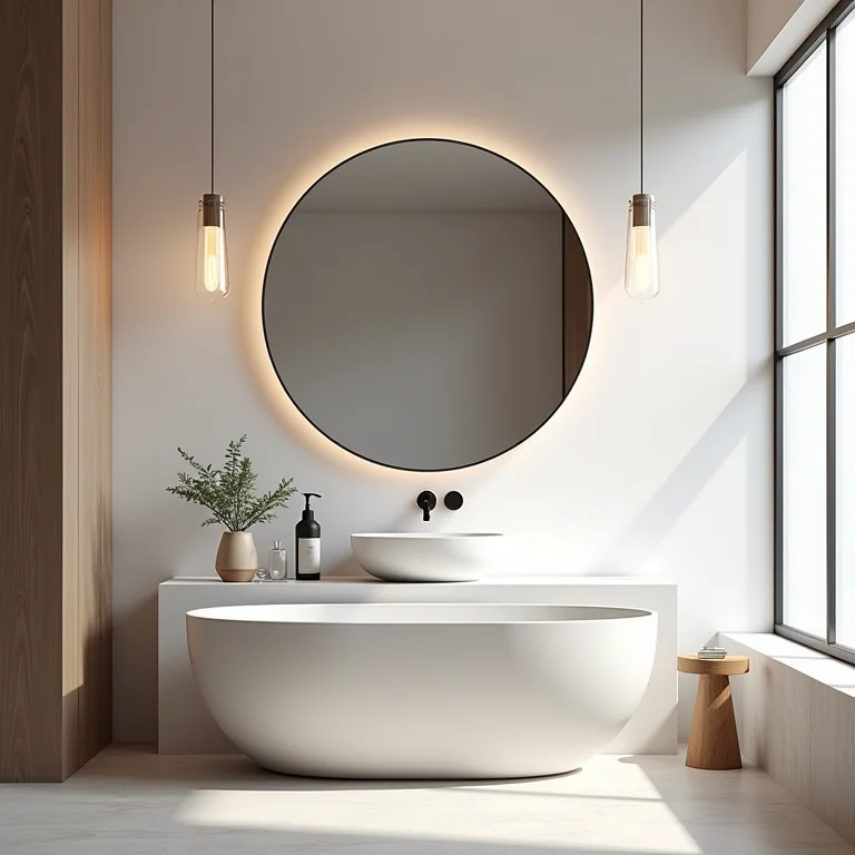 Banheiro moderno com espelho redondo e design minimalista