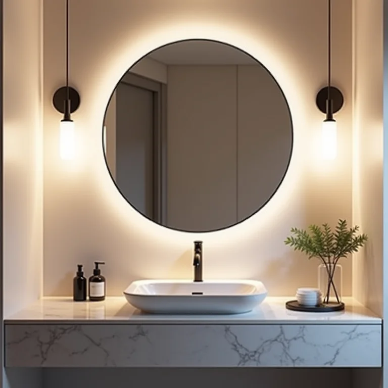 Banheiro moderno com espelho redondo e iluminação elegante.