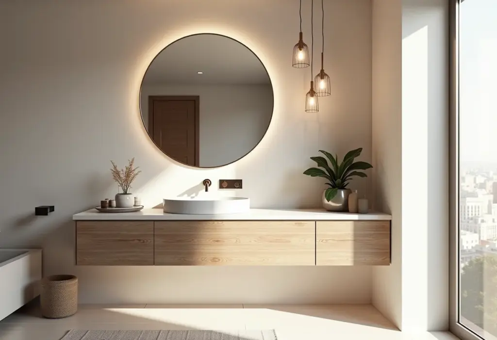 Espelho redondo: o truque de styling que transforma qualquer espaço Banheiro moderno com espelho redondo e iluminação suave