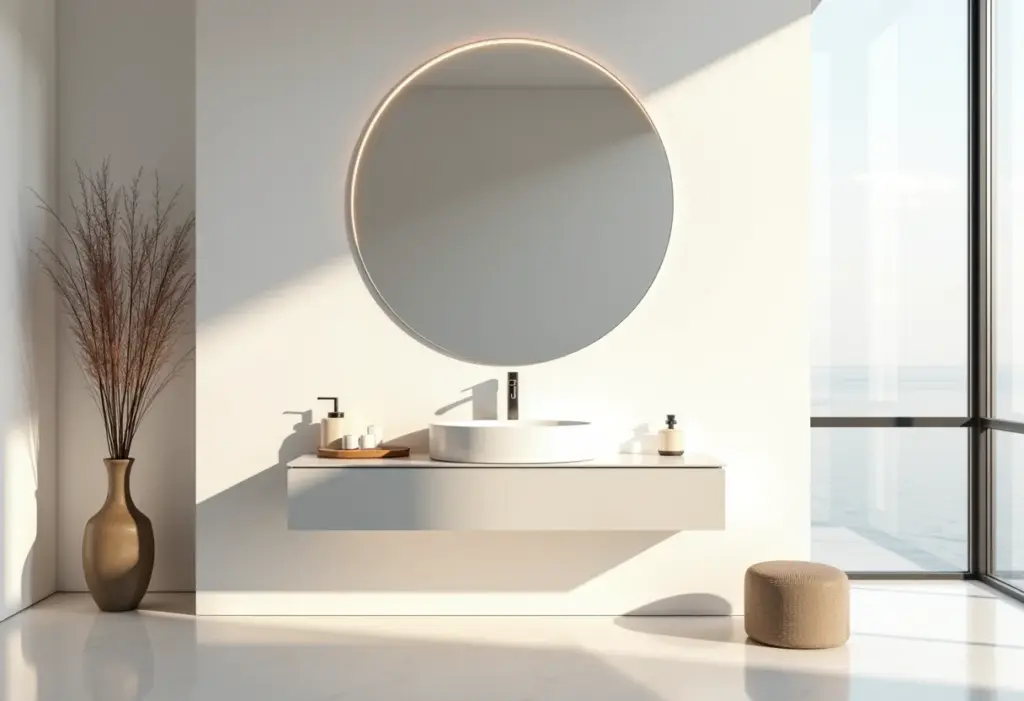Espelho redondo: o toque de design que sua casa pedia Banheiro moderno com espelho redondo grande