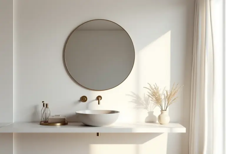 Banheiro moderno com espelho redondo, iluminação suave e design minimalista.