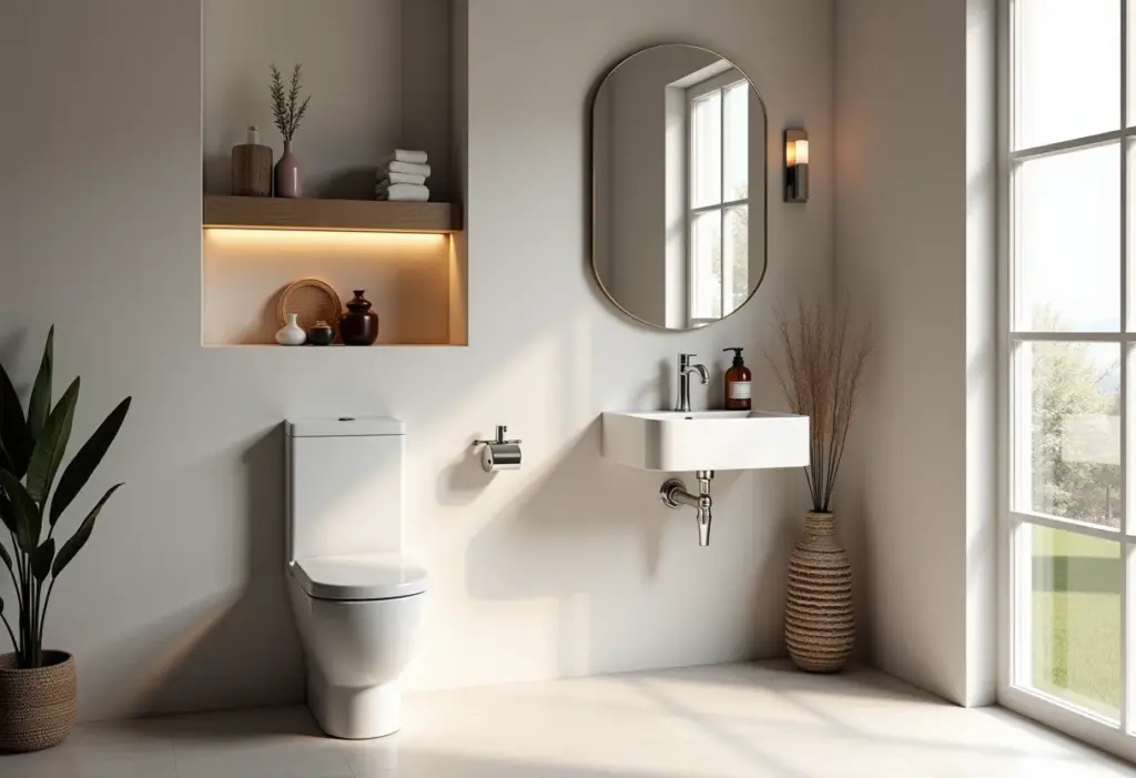 Banheiro moderno com nicho decorativo acima do vaso sanitário.