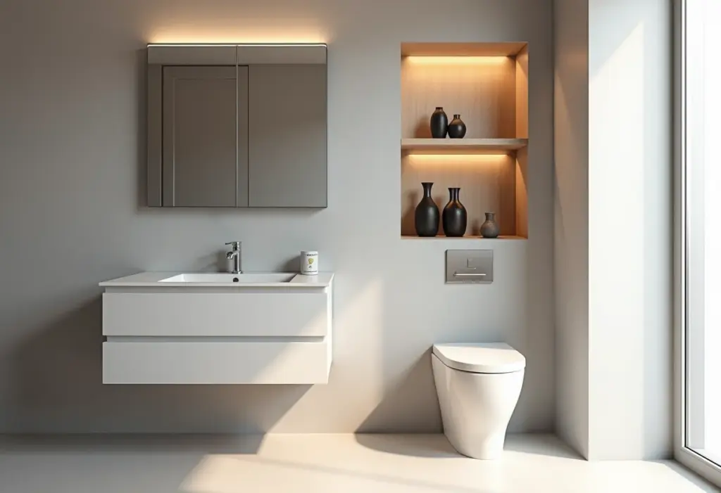 Banheiro moderno com nicho decorativo acima do vaso sanitário