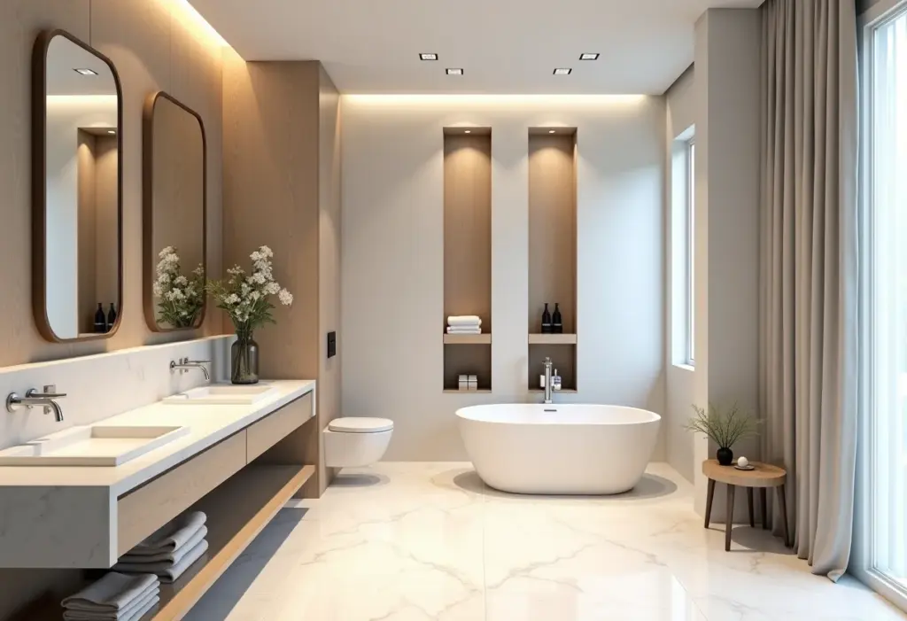 Nichos no Banheiro: 7 Ideias Geniais (e Baratas) para Organizar! Banheiro moderno com nichos de diferentes materiais e iluminação