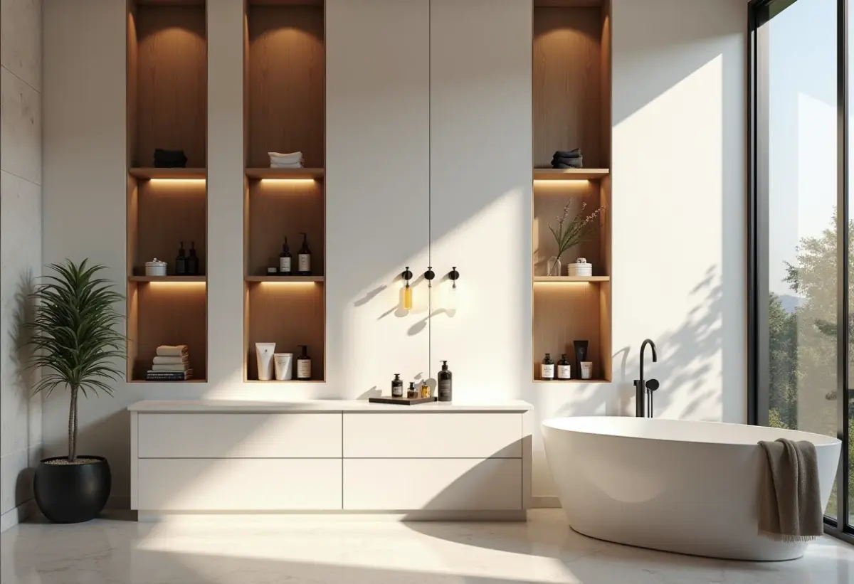 Banheiro moderno com nichos embutidos e decoração elegante