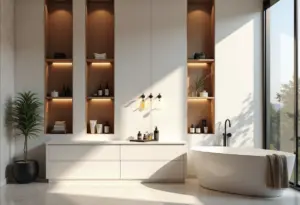 Banheiro moderno com nichos embutidos e decoração elegante