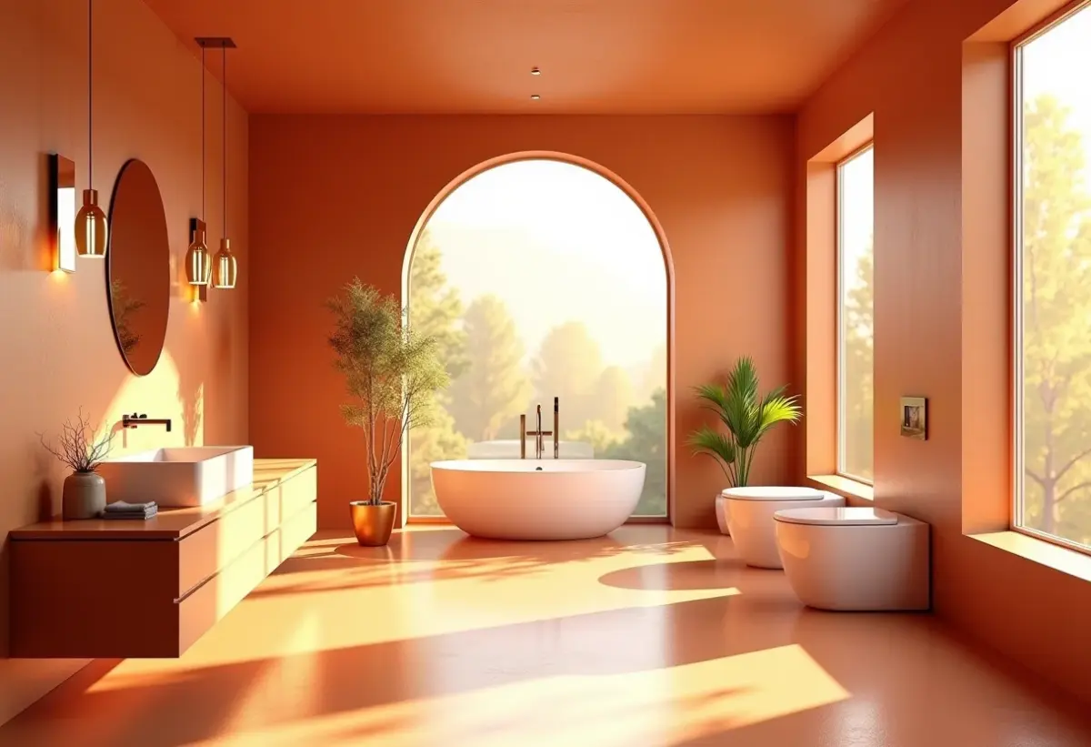 Banheiro moderno com paredes e acessórios em tons de terracota, iluminado por luz natural