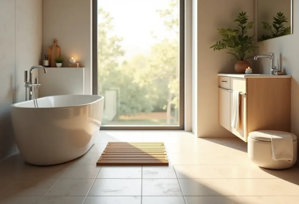 Banheiro moderno com tapete de madeira no box, transmitindo conforto e elegância