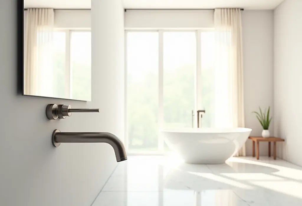 Torneira de parede: o segredo para otimizar espaço e modernizar Banheiro moderno com torneira de parede minimalista