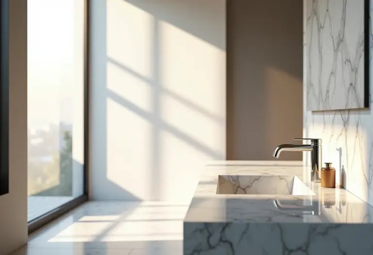 Banheiro moderno com torneira de parede minimalista e iluminação natural
