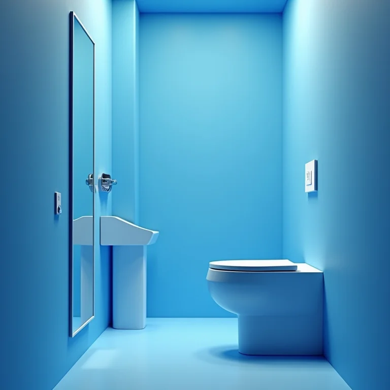 Banheiro pequeno azul e branco com espaço limitado